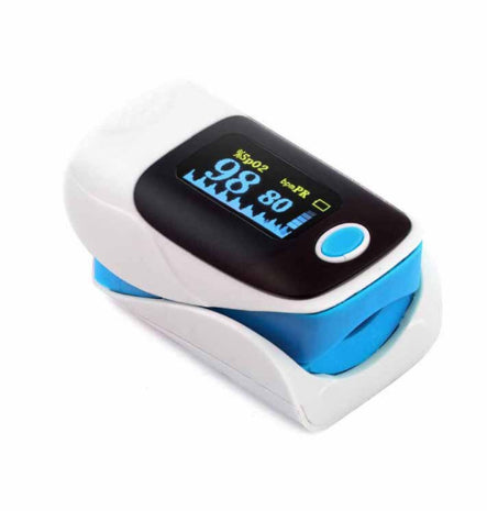 White and black fingertip pulse oximeter with a digital display showing 98% SpO2 and 80 bpm pulse rate. - Image 10