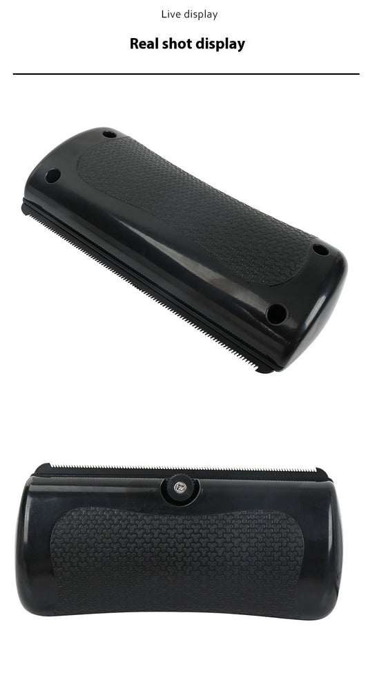 Black HistoTree animal deshedding comb with a textured grip, shown next to its white and green retail box. - Image 11