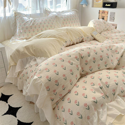 Juego de Cama Algodón Lavado Encaje Tulipán Estilo Coreano 4 Piezas - Image 6