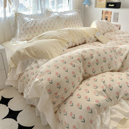 Juego de Cama Algodón Lavado Encaje Tulipán Estilo Coreano 4 Piezas - Image 6