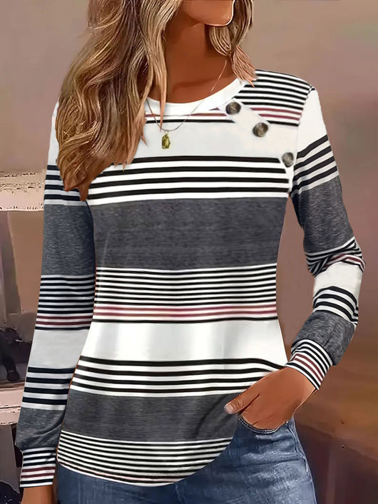 Blusa Casual de Rayas con Botones y Manga Larga para Mujer - Image 10