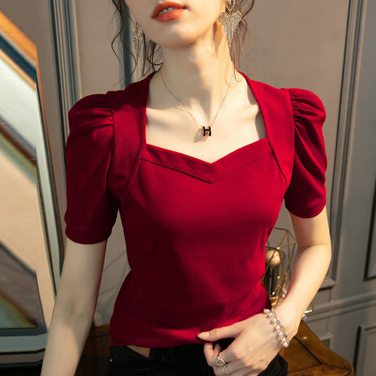 Blusa Manga Abullonada Cuello Diamante Mujer - Colores Sólidos