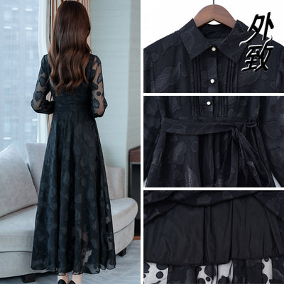Vestido Camisero de Chifón Manga Larga con Solapa - Image 7
