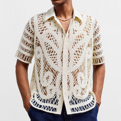 Cardigan Polo Tejido Hueco de Manga Corta para Hombre