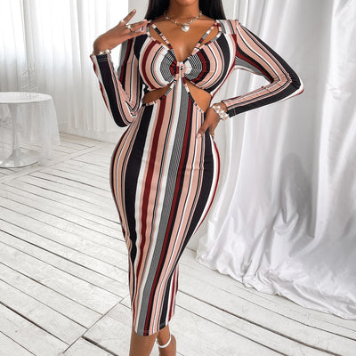Vestido de Manga Larga a Rayas con Pecho Cruzado para Mujer - Image 5