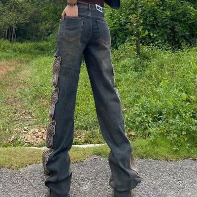 Pantalones Jeans Retro Cintura Alta para Mujer con Detalles Bordados y Recortes - Image 4