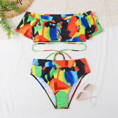Bikini Bandeau Cintura Alta con Estampado Cruzado - Image 2