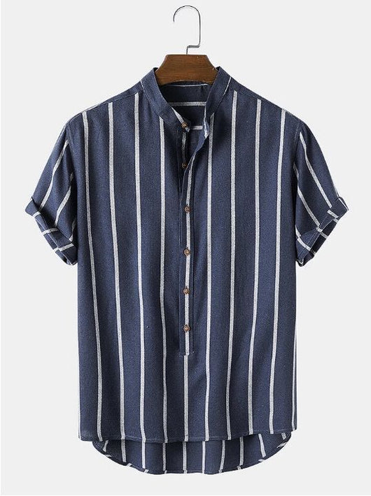 Camisa Casual de Hombre con Cuello Mao y Rayas - Image 7