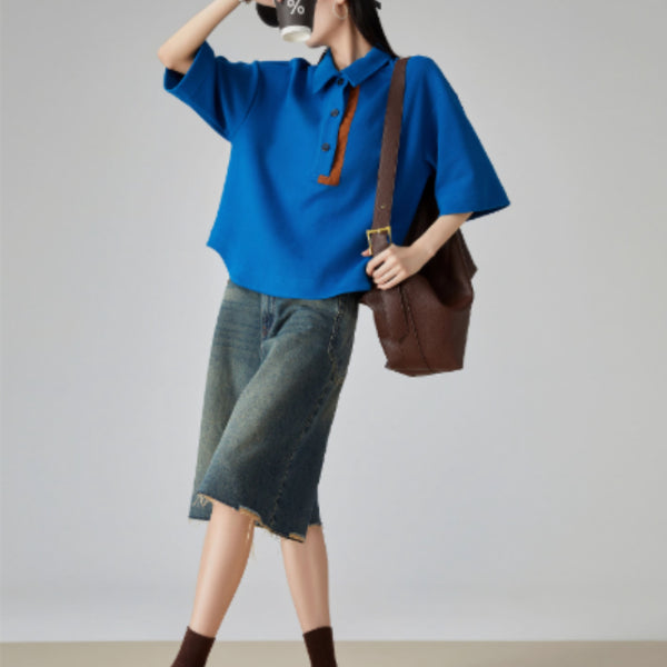 Playera Cuello Contraste Azul Klein para Mujer