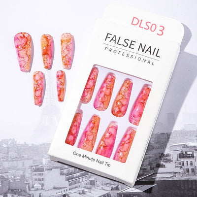 Uñas Postizas Largas con Patrón Mármol y Acabado Brillante Estilo Europeo - Image 4