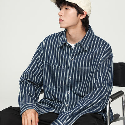 Camisa Denim a Rayas Efecto Vintage Manga Larga