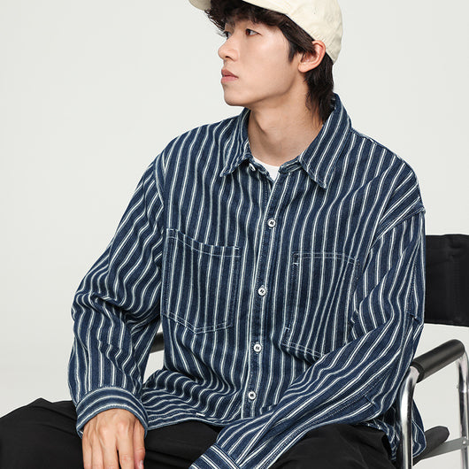 Camisa Denim a Rayas Efecto Vintage Manga Larga