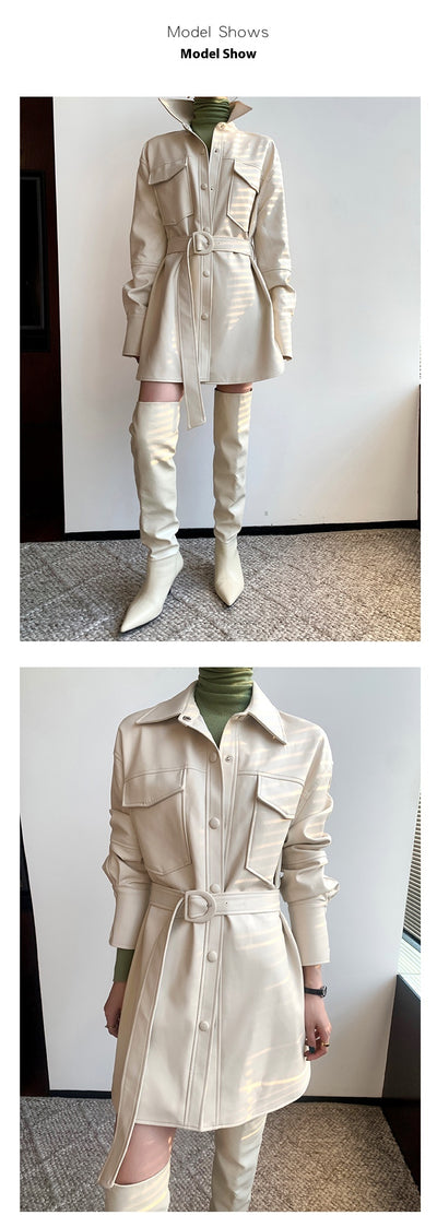 Abrigo de Cuero Blanco Retro con Blusa Entallada Midi para Mujer - Image 9