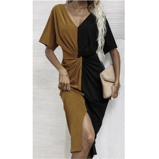 Vestido Elegante Escote V Manga Corta con Aberturas