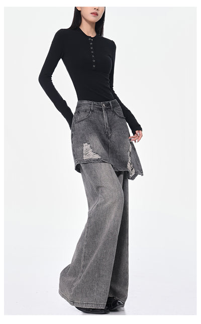 Pantalones Rectos Azul Vintage Efecto Desgastado Doble Tela para Mujer - Image 19