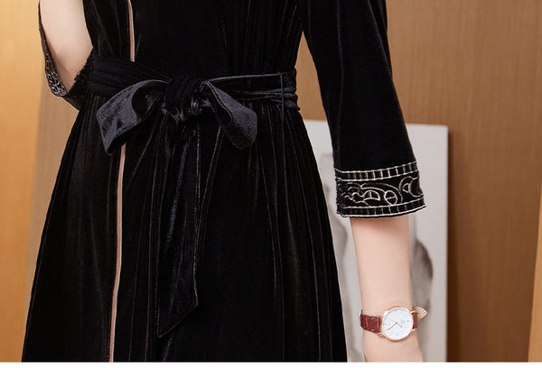 Vestido de Terciopelo Dorado para Otoño e Invierno