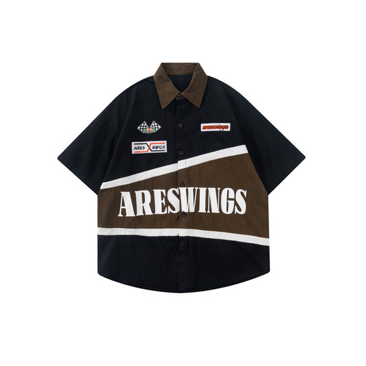 Camisa Vintage Americana Bordada Manga Corta para Motociclista