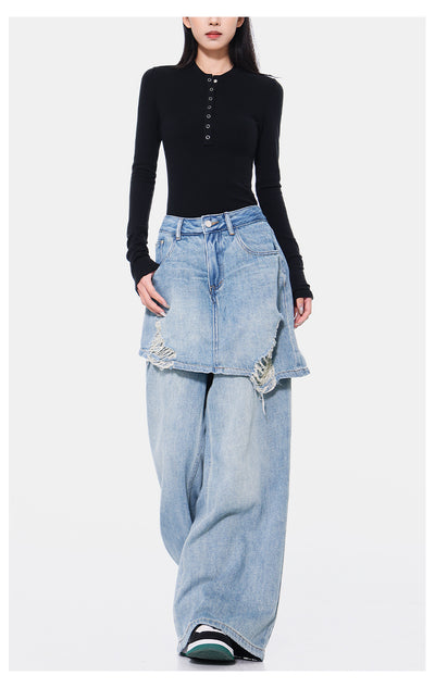 Pantalones Rectos Azul Vintage Efecto Desgastado Doble Tela para Mujer - Image 33