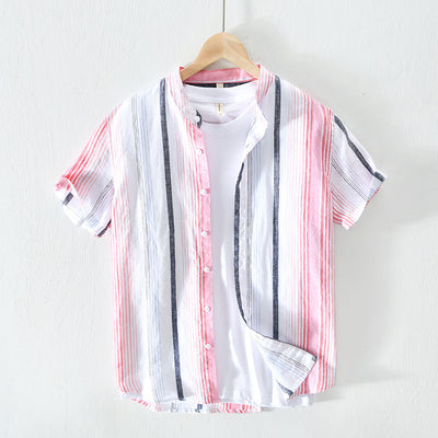 Camisa de Lino Hombre Rayas Verdes Manga Corta Oversized - Image 5