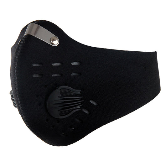 Black nylon bicycle mask with activated carbon filter, exhalation valve, and metal nose clip. - Image 14