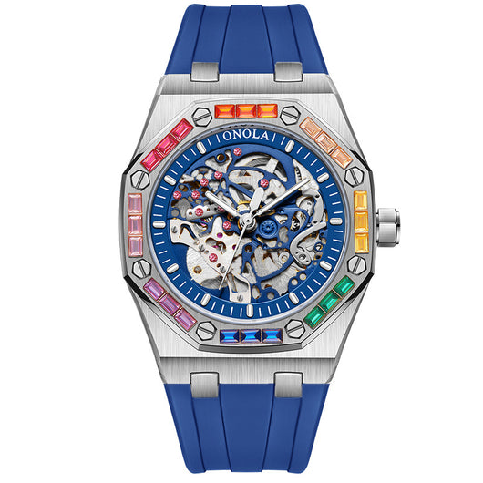 Reloj Automático para Hombre con Banda de Silicona Arcoíris y Diamantes - Image 6
