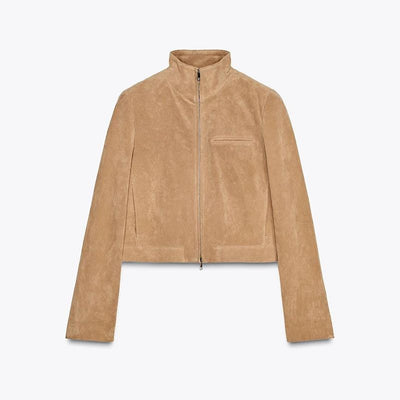 Chaqueta de Gamuza Marrón para Primavera con Cuello de Pie y Cierre - Image 10