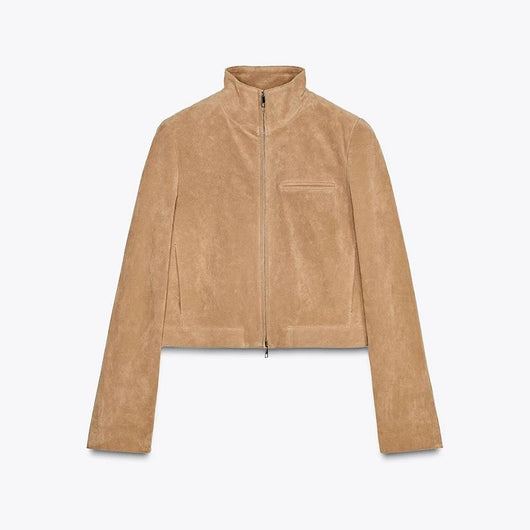Chaqueta de Gamuza Marrón para Primavera con Cuello de Pie y Cierre - Image 10