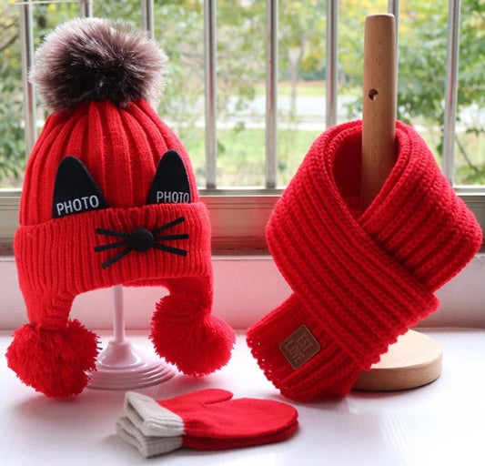 Conjunto Gorro, Bufanda y Guantes de Lana para Niños - Diseño Gato Adorable - Image 2