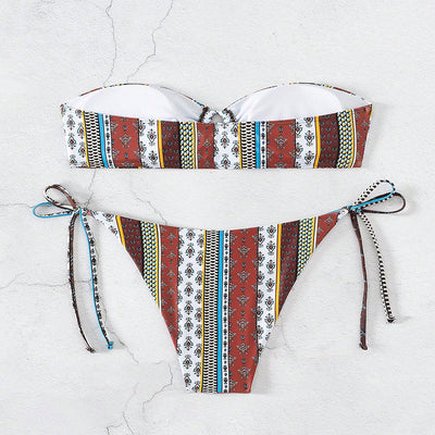 Women's printed lace-up bandeau bikini top and tie-side bottoms with colorful striped and paisley patterns. - Image 4