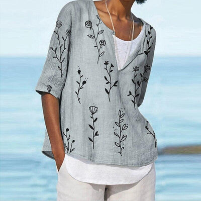 Blusa Estampada Digital Cuello V Manga Corta para Mujer
