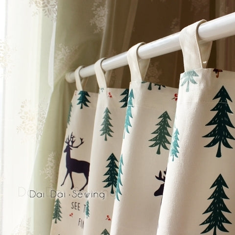 Christmas elk and pine tree short kitchen curtain with tab top and scalloped lace trim, featuring text. - Image 7