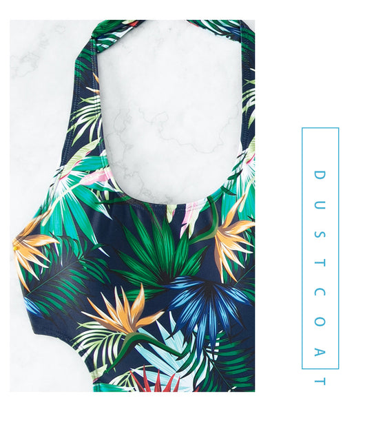 Yellow tropical print three-piece bikini set with halter top, high-waisted bottoms, and long cover-up skirt with high slit. - Image 15