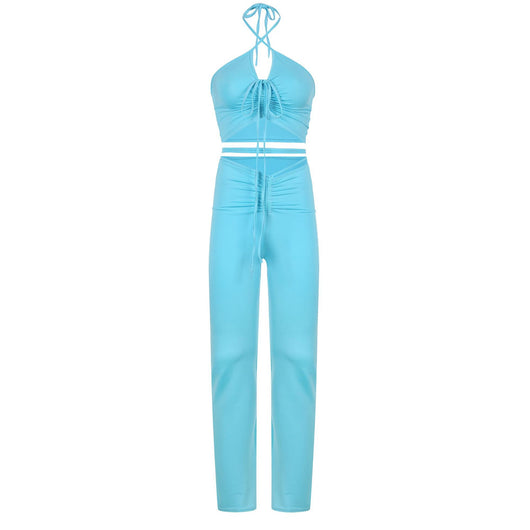 Conjunto Bandage Streetwear Azul Años 2000 - Top Halter y Pantalón Acampanado Cintura Alta - Image 11