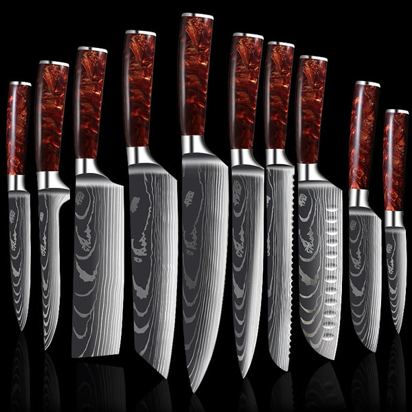 Juego de Cuchillos de Cocina Damascus con Mango de Resina Roja