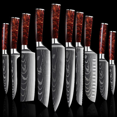 Juego de Cuchillos de Cocina Damascus con Mango de Resina Roja