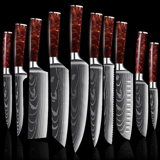 Juego de Cuchillos de Cocina Damascus con Mango de Resina Roja