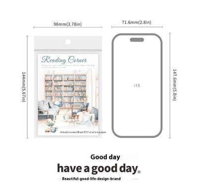 Set of 20 PET stickers featuring watercolor illustrations of cozy reading nooks, bookshelves, books, and related items. - Image 18