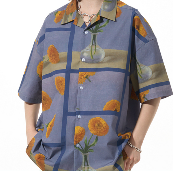 Camisa Estampado Floral Suelta Versátil Manga Corta