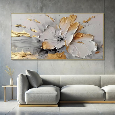 Cuadro Abstracto Moderno Flores Dorado y Blanco - Lienzo Óleo Artesanal sin Marco - Image 2