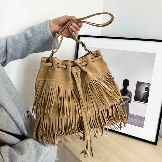 Bolso Bucket Retro con Cordón y Borlas - Estilo Europeo Minimalista