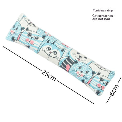 Dark blue catnip pillow toy with white cat, fish, and paw print patterns, measuring 25cm long. - Image 10