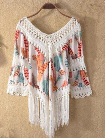 Camisa de Playa Bikini con Costuras Estampadas y Borlas - Image 7