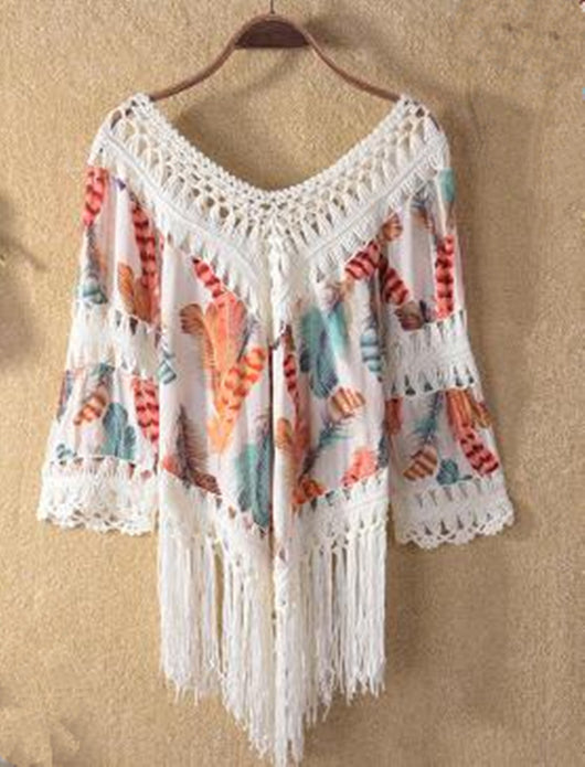 Camisa de Playa Bikini con Costuras Estampadas y Borlas - Image 7