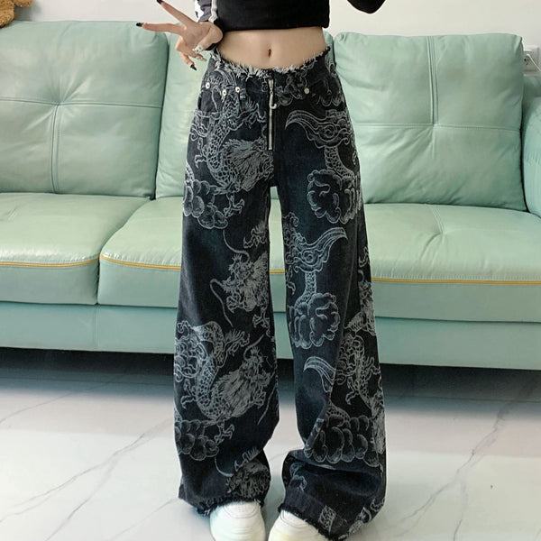Jeans Hip Hop con Estampado de Dragón para Mujer