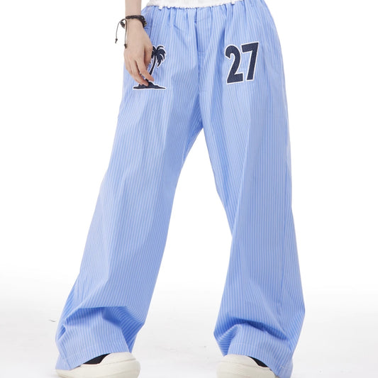 Pantalones Rectos Anchos con Rayas Verticales Bordadas - Efecto Adelgazante