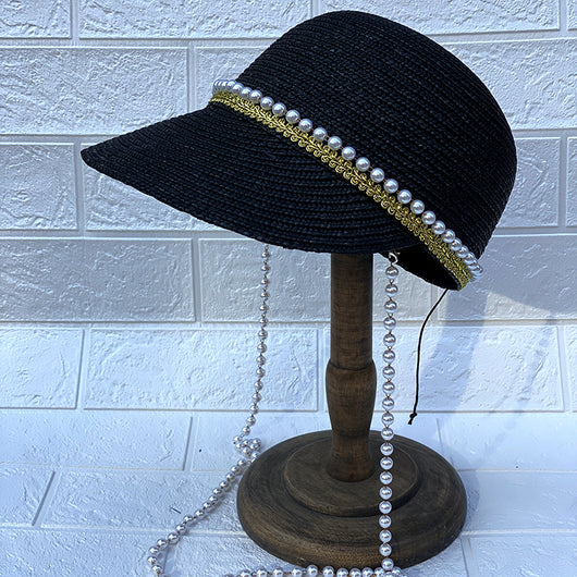 Sombrero de Paja Negro con Cadena de Perlas Artesanal - Image 7