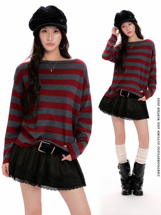 Suéter Tejido de Manga Larga con Rayas Rojas para Mujer - Image 2