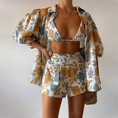 Conjunto de Tres Piezas: Chaleco, Blusa Estampada y Shorts para Mujer - Image 3