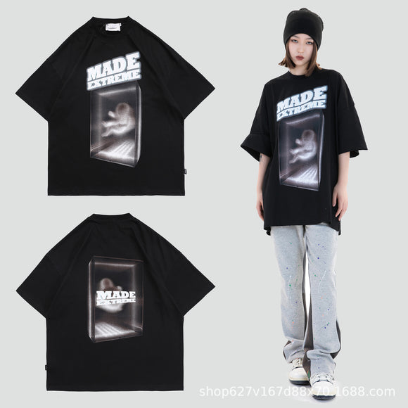 Camiseta Suelta Negra Estampada de Manga Corta - Estilo Verano