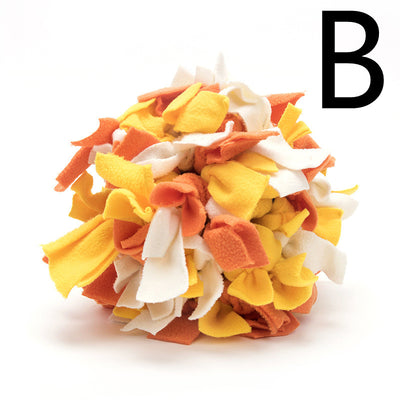 Red, yellow, and orange polar fleece snuffle ball pet toy for chewing and enrichment. - Image 9